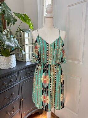 Aztec-Print Spaghetti Strap Mini Dress in Teal Size L